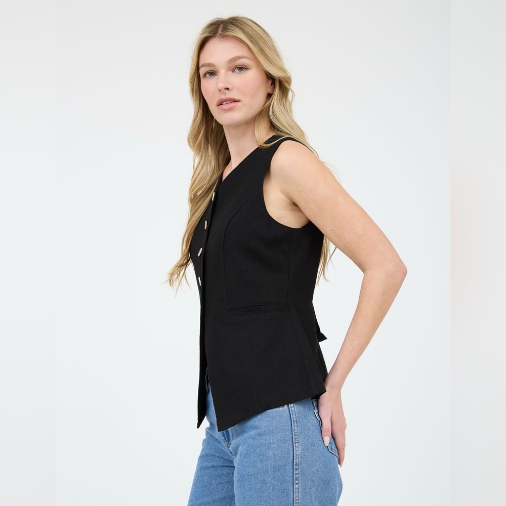 Blu Pepper/The Workshop Black Button Down Long Lined Linen Vest - Picture 3 of 4